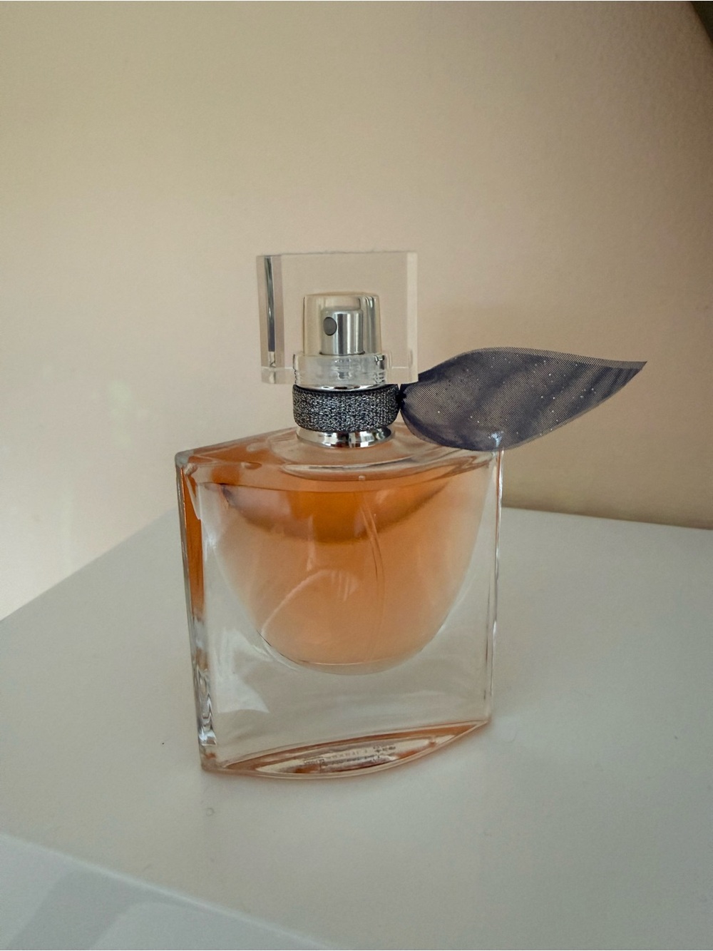 Lancome Perfume Bottle in Peach with Gray Ribbon Accent